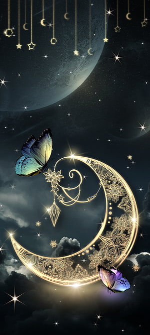 Golden Crescent Moon with Ornate Patterns and Colorful Butterflies in a Starry Night Sky HD phone wallpaper