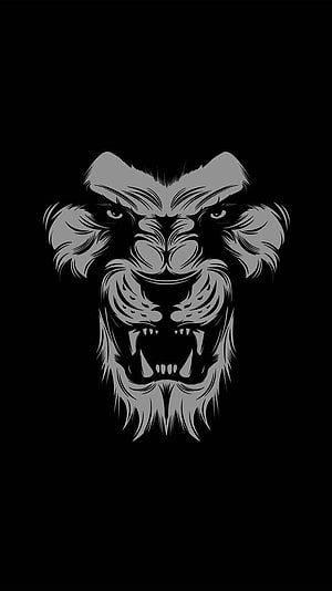 Aggressive Lion Head Vector Illustration in Monochrome Grey on Black Background HD phone wallpaper