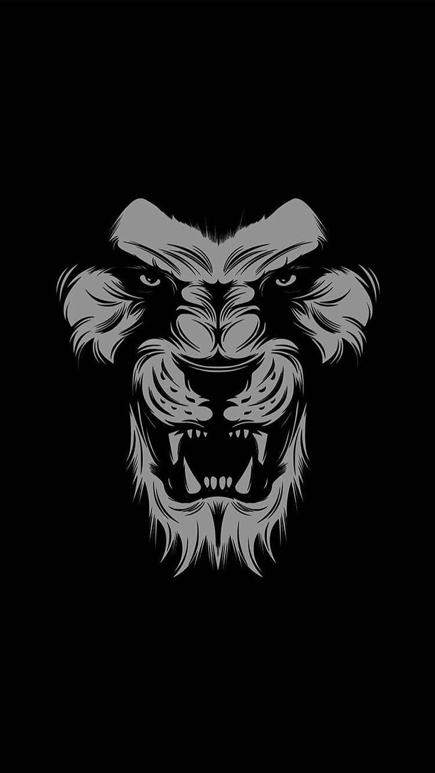 Aggressive Lion Head Vector Illustration in Monochrome Grey on Black Background HD phone wallpaper