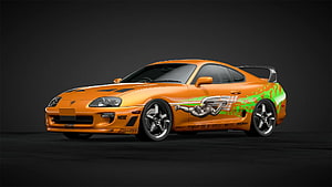 Orange Toyota Supra MK4 with Green Livery and NOS Graphics in Studio Setting HD wallpaper