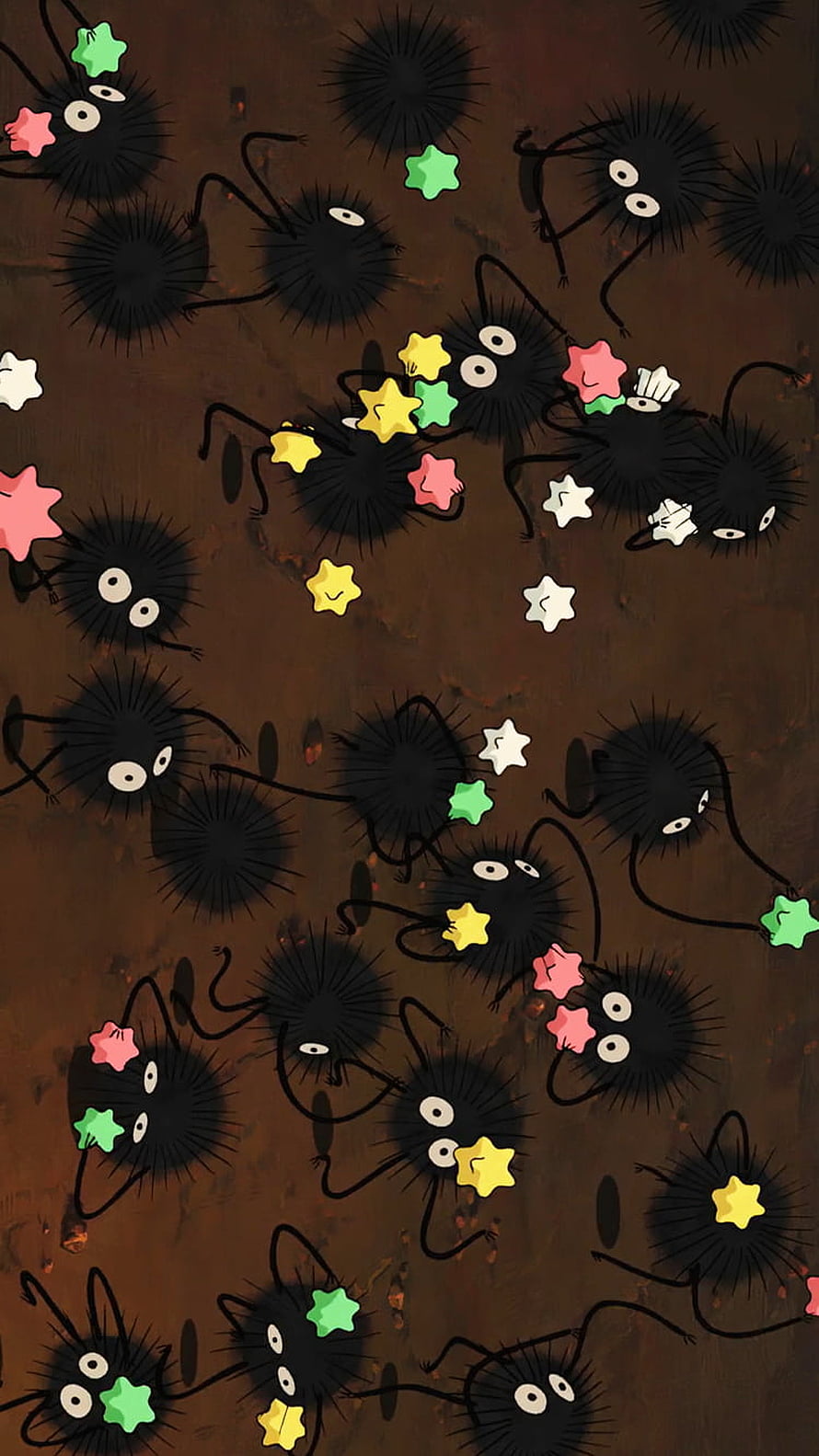 Studio Ghibli Soot Sprites Collecting Colorful Stars on Dark Brown Background HD phone wallpaper