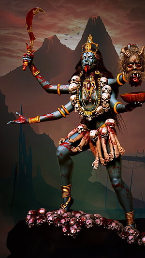 Kali Goddess Digital Art with Skull Garland and Sickle in Dark Mountain Landscape HD phone wallpaper