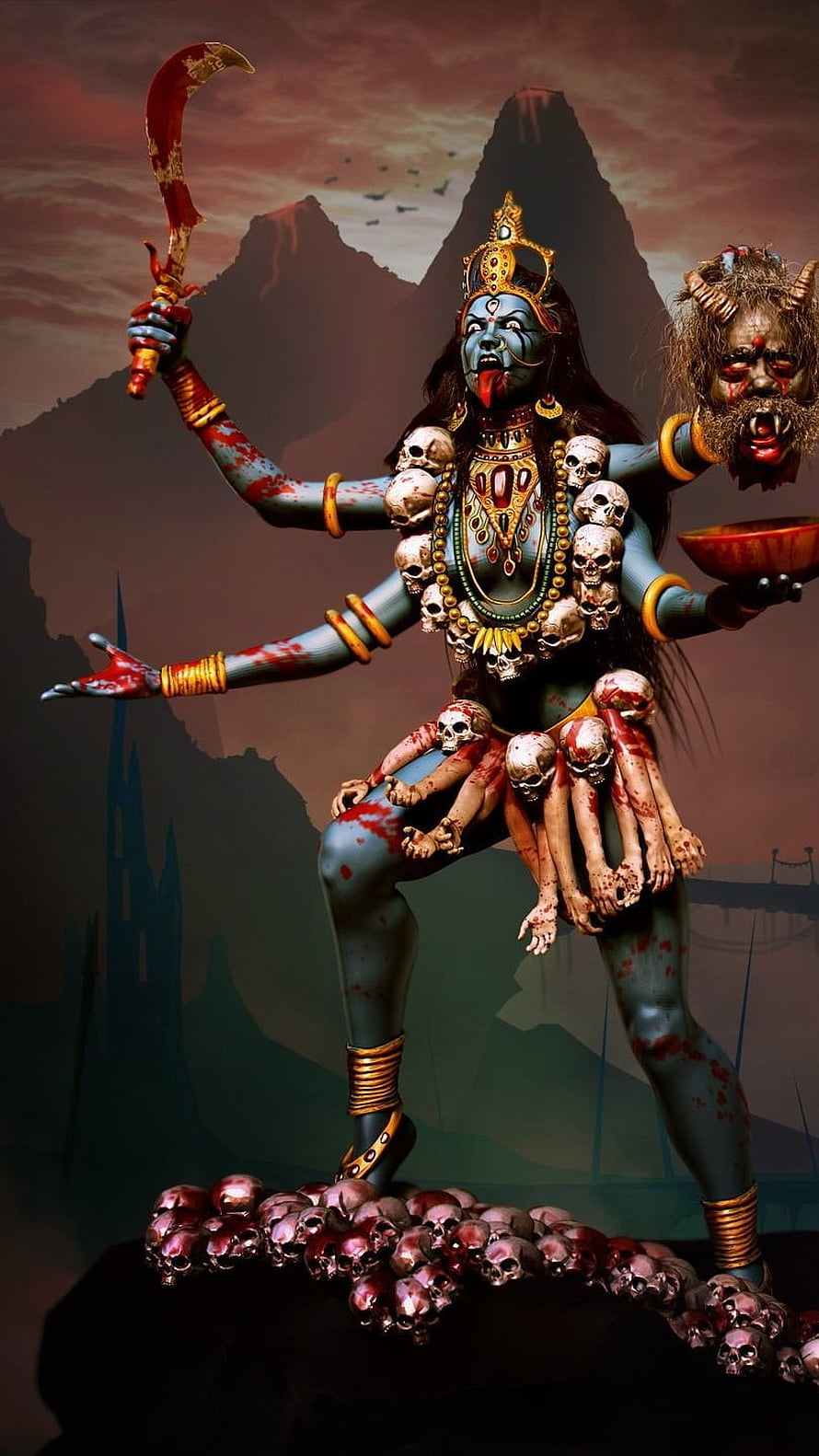 Kali Goddess Digital Art with Skull Garland and Sickle in Dark Mountain Landscape HD phone wallpaper