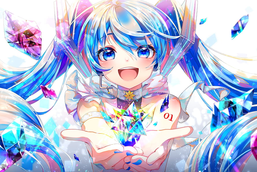 Hatsune Miku Crystal Artwork with Prismatic Gems and Blue Twin Tails HD wallpaper
