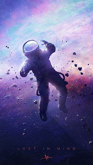 Astronaut Floating in Cosmic Nebula with Floating Debris and Starry Sky HD phone wallpaper