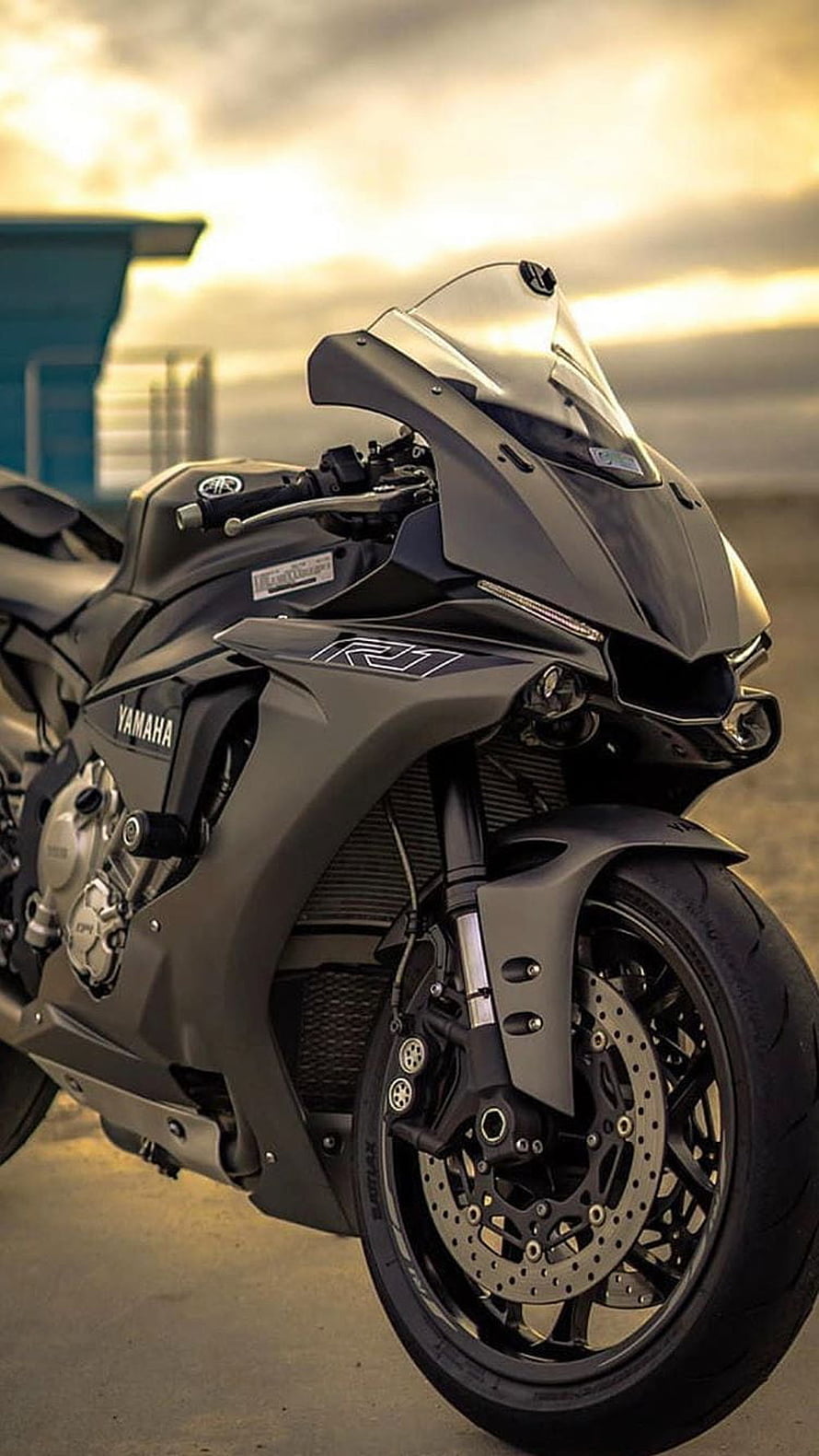 Yamaha R1 Matte Black Superbike Front Profile at Golden Hour HD phone wallpaper