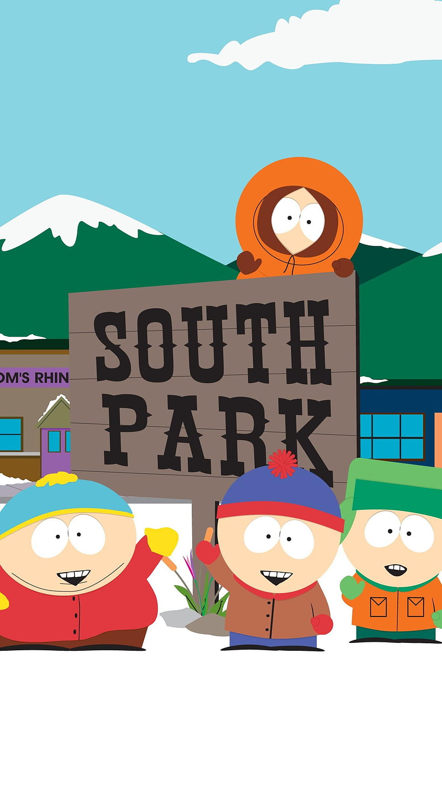 South Park Main Characters Posing in Front of Town Sign with Snowy Mountains HD phone wallpaper