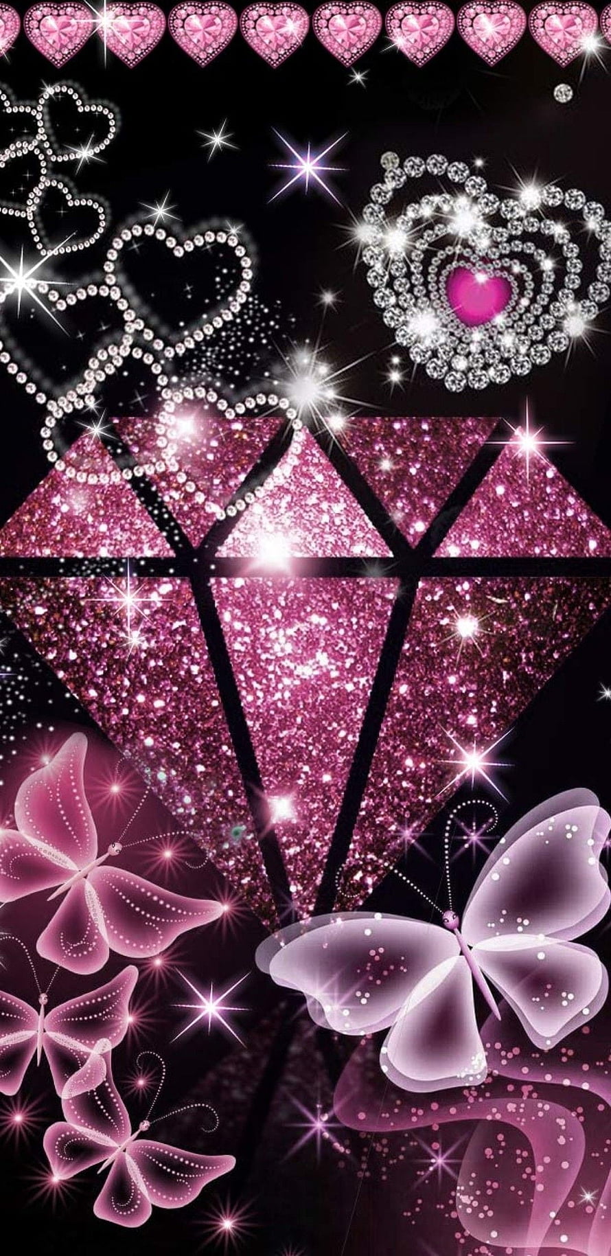 Pink Glitter Diamond and Butterfly Bling Wallpaper with Sparkling Hearts HD phone wallpaper