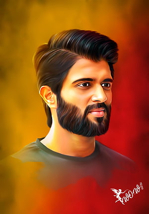 Vijay Deverakonda Digital Portrait with Bearded Profile and Warm Gradient Background HD phone wallpaper