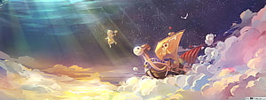 One Piece Going Merry sailing through a dreamy sea of clouds under a starry night sky HD wallpaper