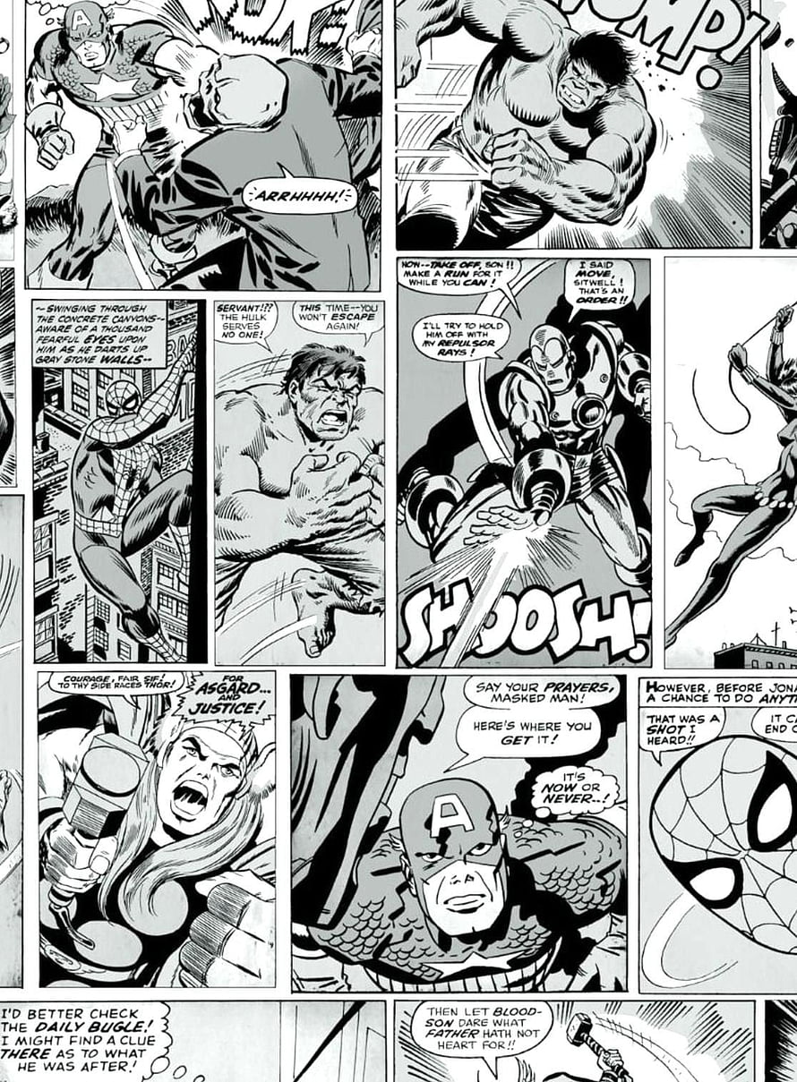 Classic Marvel Comic Page Featuring Captain America, Spider-Man, and The Hulk in Epic Black and White Battle HD phone wallpaper