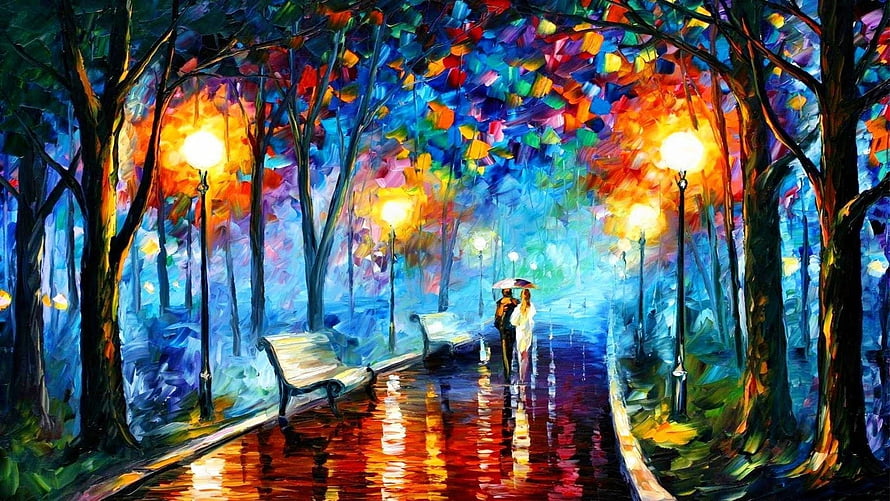Vibrant Impressionist Park Scene with Rainy Path and Glowing Street Lamps HD wallpaper