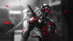 Dark Cybernetic Warrior with Glowing Red Accents and Katana in Monochrome Setting HD wallpaper