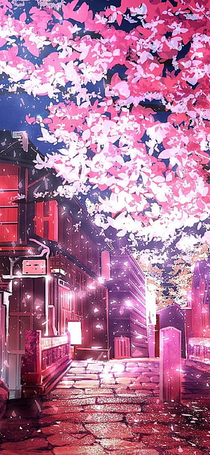 Nighttime Japanese Street Lined with Glowing Cherry Blossoms and Traditional Buildings HD phone wallpaper