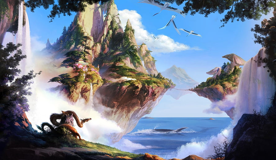 Mystical Floating Islands with Waterfalls, Dragon, and Ocean in Fantasy Landscape HD wallpaper