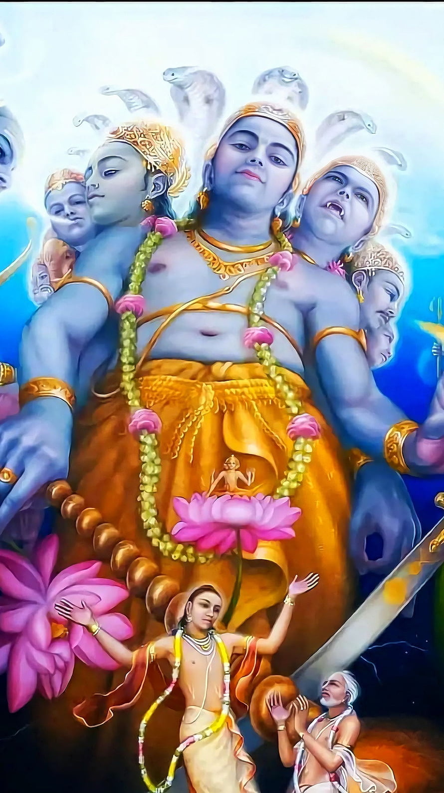 Lord Vishnu with multiple heads and arms, adorned in gold and lotus, with devotees below HD phone wallpaper