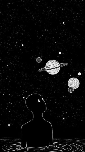 Minimalist Black and White Space Illustration with Silhouette and Planets HD phone wallpaper