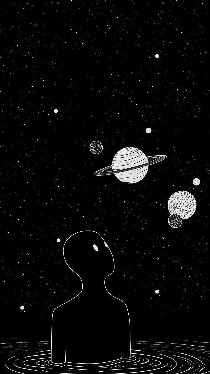 Minimalist Black and White Space Illustration with Silhouette and Planets HD phone wallpaper