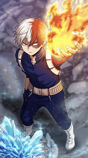 Shoto Todoroki from My Hero Academia channeling ice and fire powers in dynamic anime action pose HD phone wallpaper