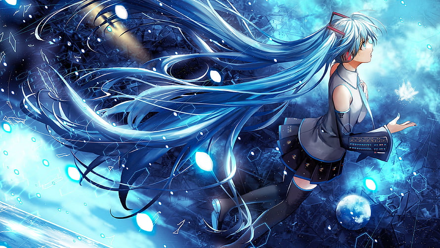 Hatsune Miku in a Futuristic Digital Dreamscape with Flowing Blue Hair and Glowing Particles HD wallpaper