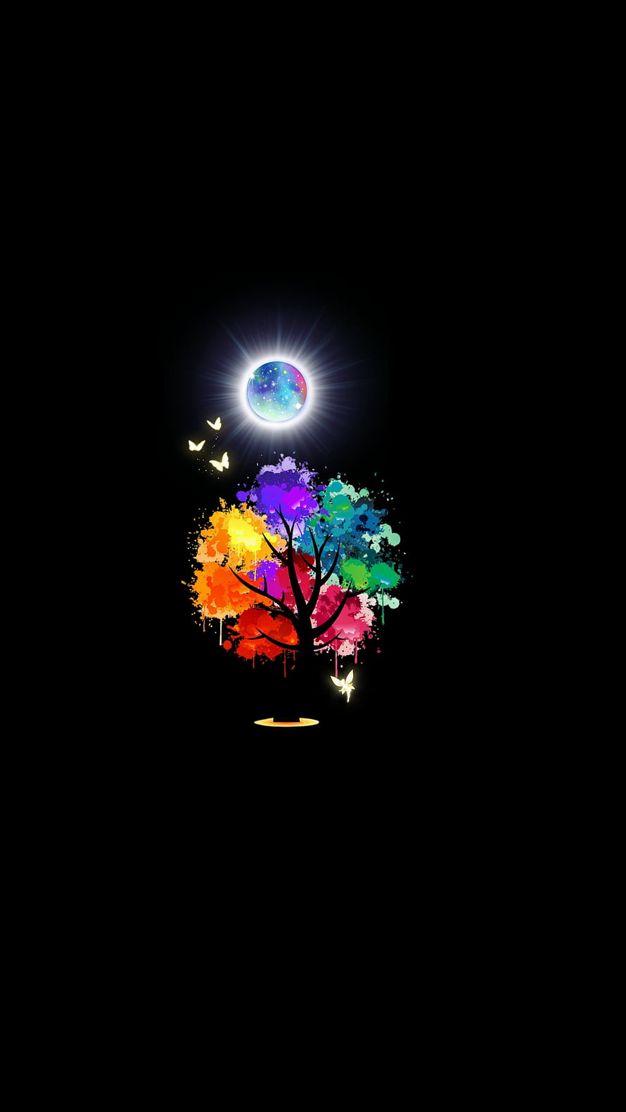 Vibrant Wish Tree with Glowing Celestial Orb and Fireflies on Black Background HD phone wallpaper