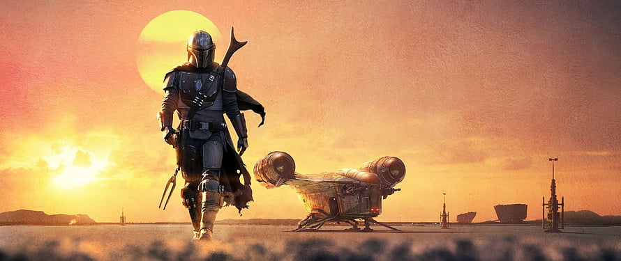 The Mandalorian Walking Through Desert Dunes at Sunset with Speeder Bike HD wallpaper