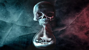 Gothic Skull Hourglass with Snowy Village Scene in Dark Fantasy Digital Art HD wallpaper