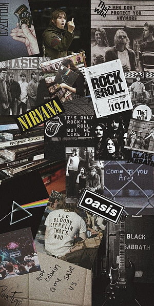 Vintage Rock Band Collage Featuring Oasis, Nirvana, Pink Floyd, Led Zeppelin, The Who, Black Sabbath, and My Chemical Romance HD phone wallpaper