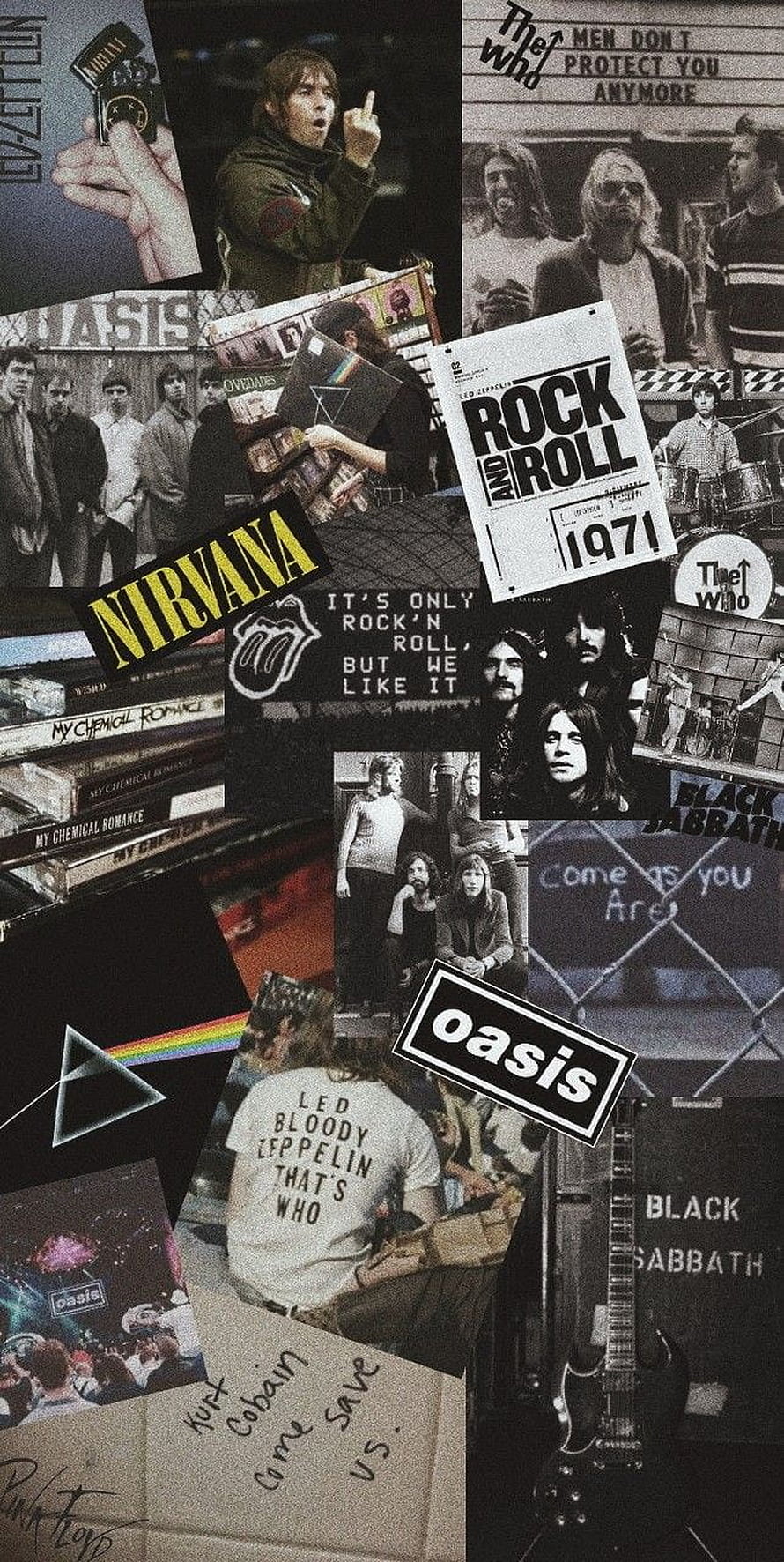 Vintage Rock Band Collage Featuring Oasis, Nirvana, Pink Floyd, Led Zeppelin, The Who, Black Sabbath, and My Chemical Romance HD phone wallpaper