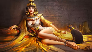 Cleopatra in Golden Egyptian Regalia with Sacred Black Cat Digital Fantasy Art HD wallpaper