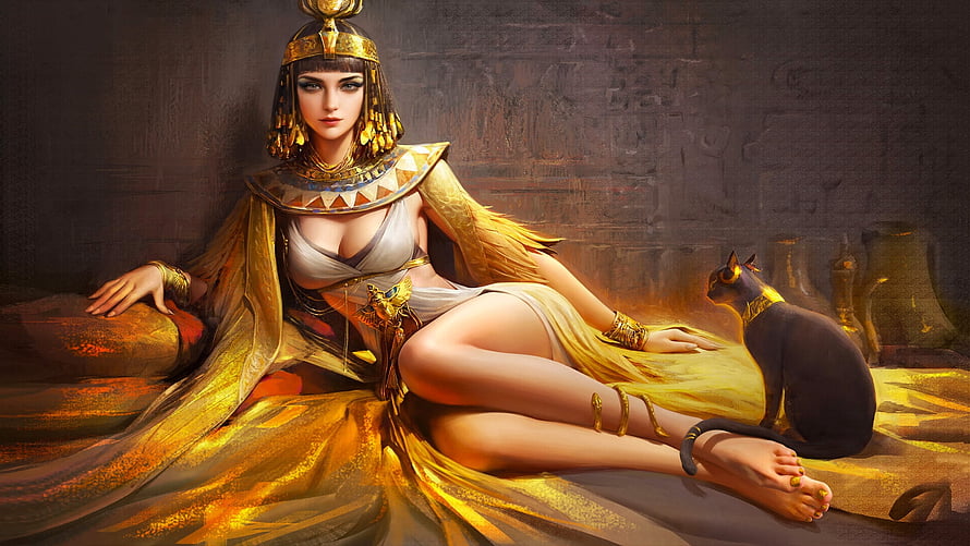 Cleopatra in Golden Egyptian Regalia with Sacred Black Cat Digital Fantasy Art HD wallpaper
