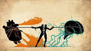 Silhouette Figure Pulling Chains Between Heart and Brain with Orange and Teal Splashes HD wallpaper
