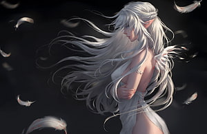 Ethereal Elf Woman With Flowing White Hair And Floating Feathers In Dark Fantasy Art HD wallpaper