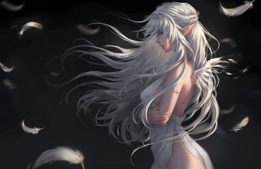 Ethereal Elf Woman With Flowing White Hair And Floating Feathers In Dark Fantasy Art HD wallpaper