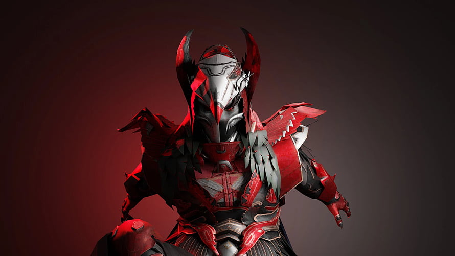 Blood Raven X Suit Concept Art: Red and Black Armored Warrior with Horned Helmet HD wallpaper