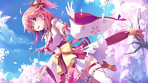 Hololive VTuber in Sakura Kimono Under Cherry Blossom Sky HD wallpaper