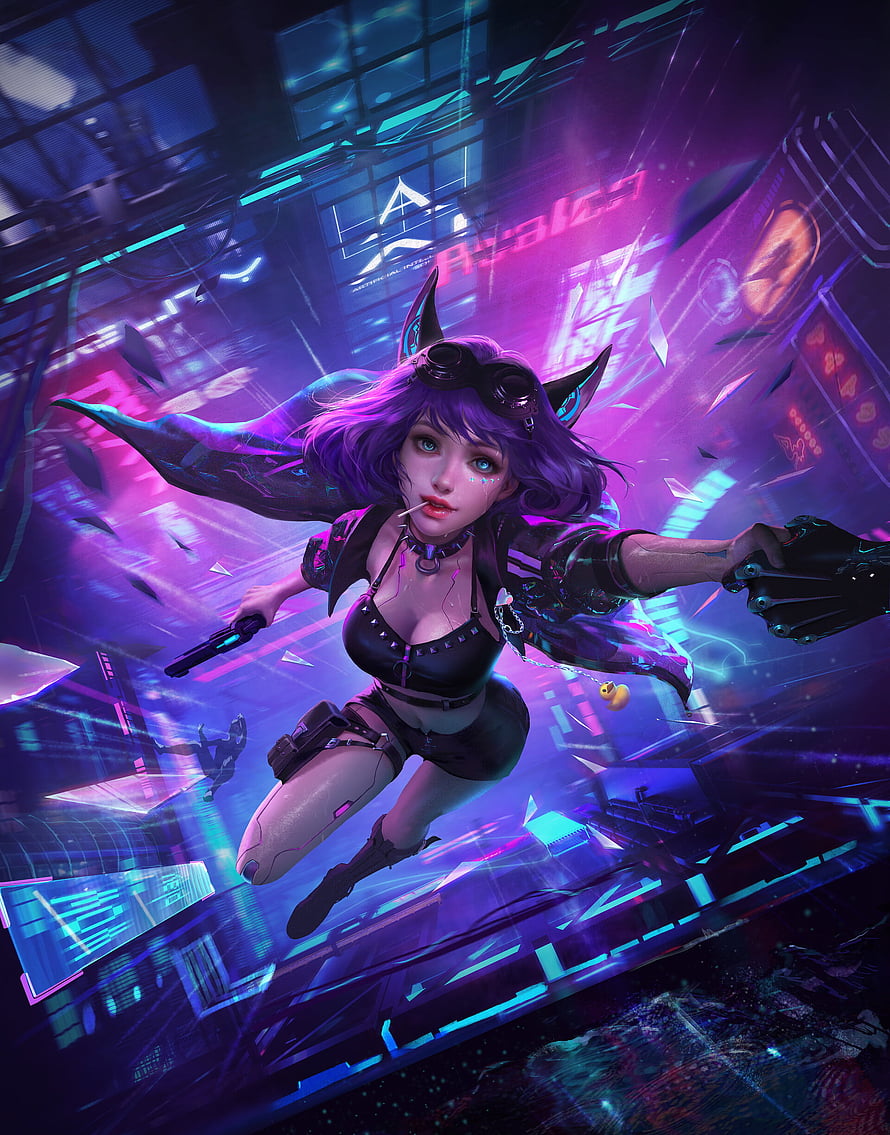 Cyberpunk Female Character with Cat Ears and Goggles in Neon Futuristic City HD phone wallpaper