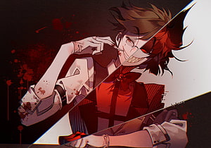 Alastor from Hazbin Hotel in a dark split-face anime illustration with red splatter effects HD wallpaper