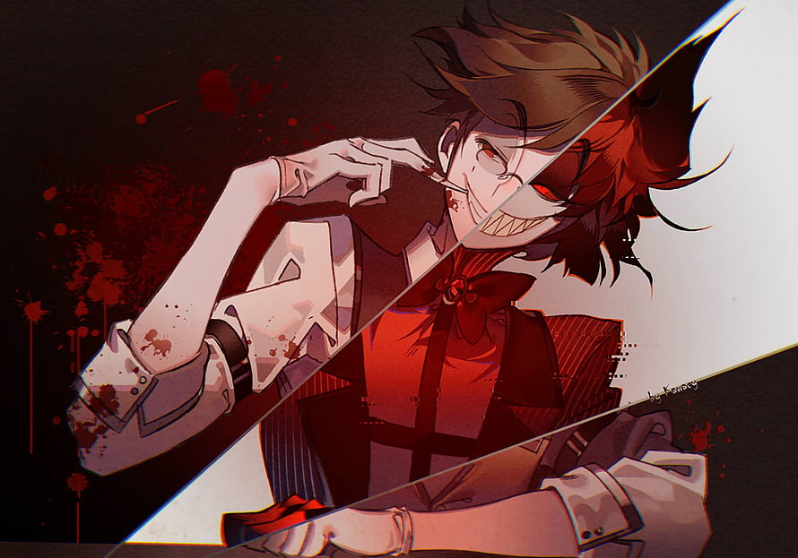 Alastor from Hazbin Hotel in a dark split-face anime illustration with red splatter effects HD wallpaper