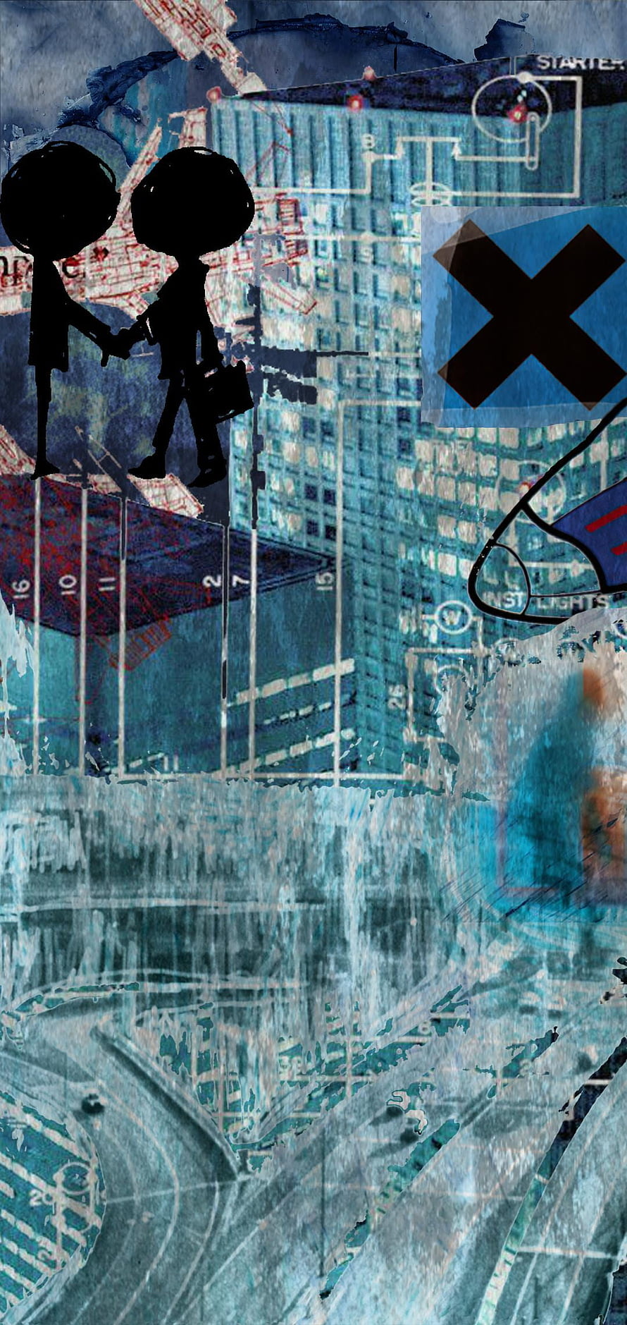 Ok Computer Inspired Collage with Silhouetted Figures and Blueprint Textures HD phone wallpaper