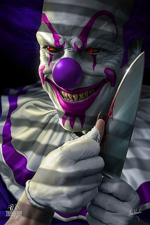 Menacing Killer Clown with Bloodied Knife and Purple Makeup HD phone wallpaper