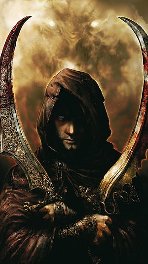 Prince of Persia Hooded Warrior Holding Ornate Scimitars Against Dramatic Sky HD phone wallpaper