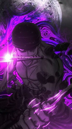 Roronoa Zoro Wielding Swords in Purple Aura with Moon Background HD phone wallpaper