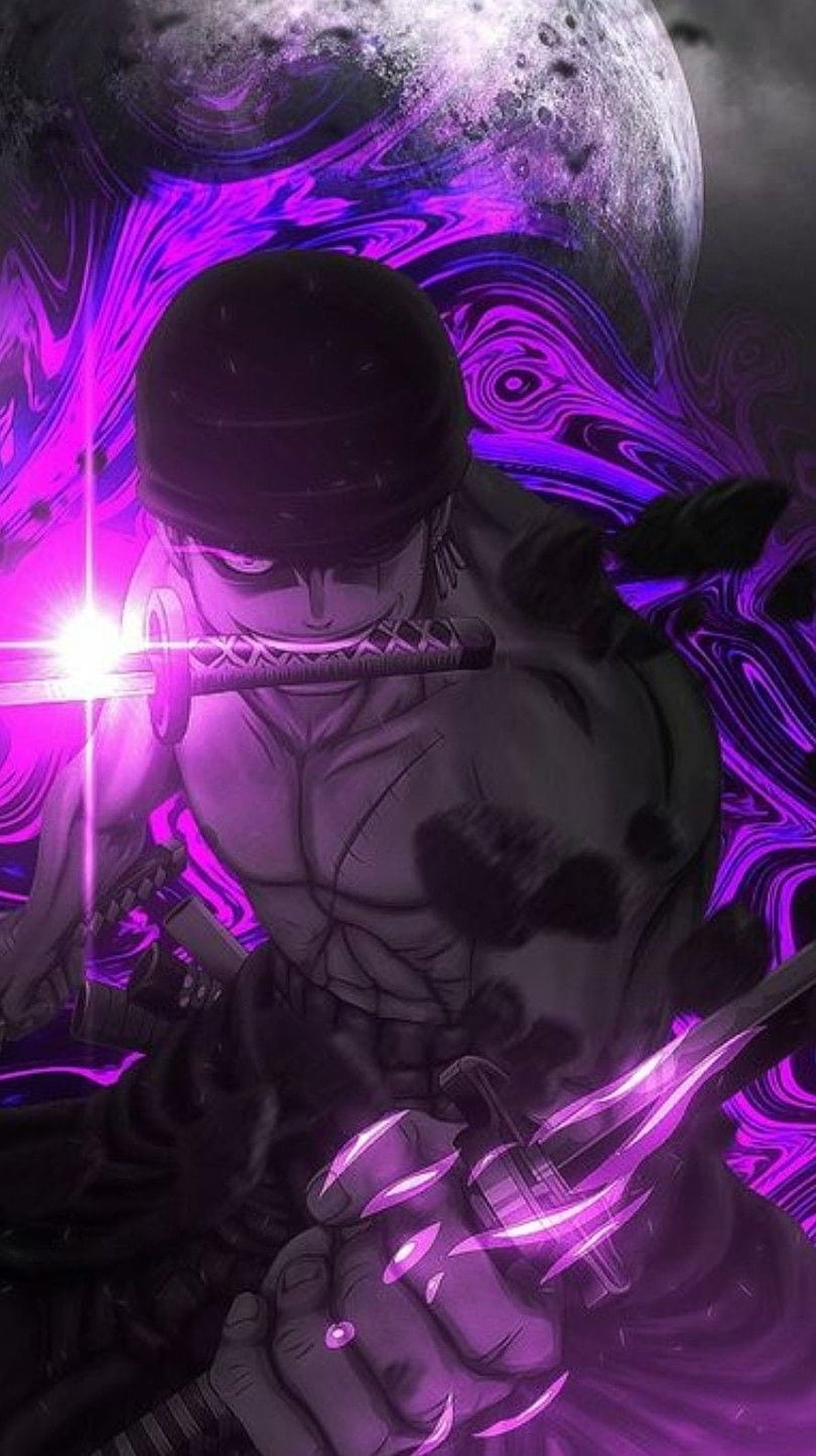 Roronoa Zoro Wielding Swords in Purple Aura with Moon Background HD phone wallpaper