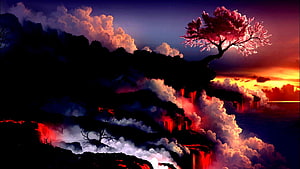 Dramatic Cherry Blossom Tree on Cliffs with Fiery Waterfalls and Sunset Sky HD wallpaper