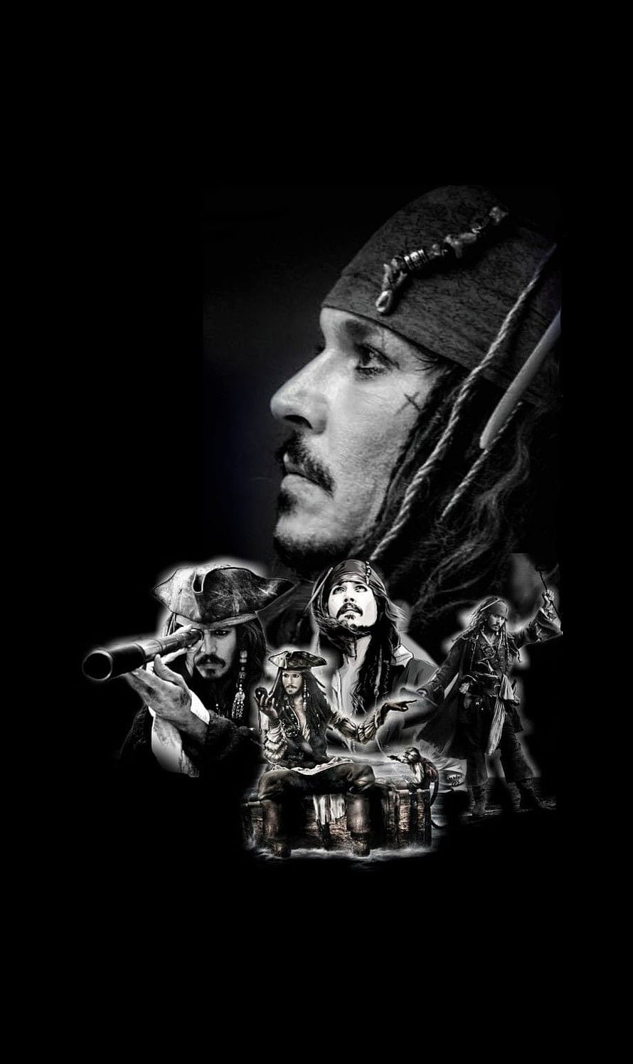 Captain Jack Sparrow Black and White Portrait with Multiple Character Poses HD phone wallpaper