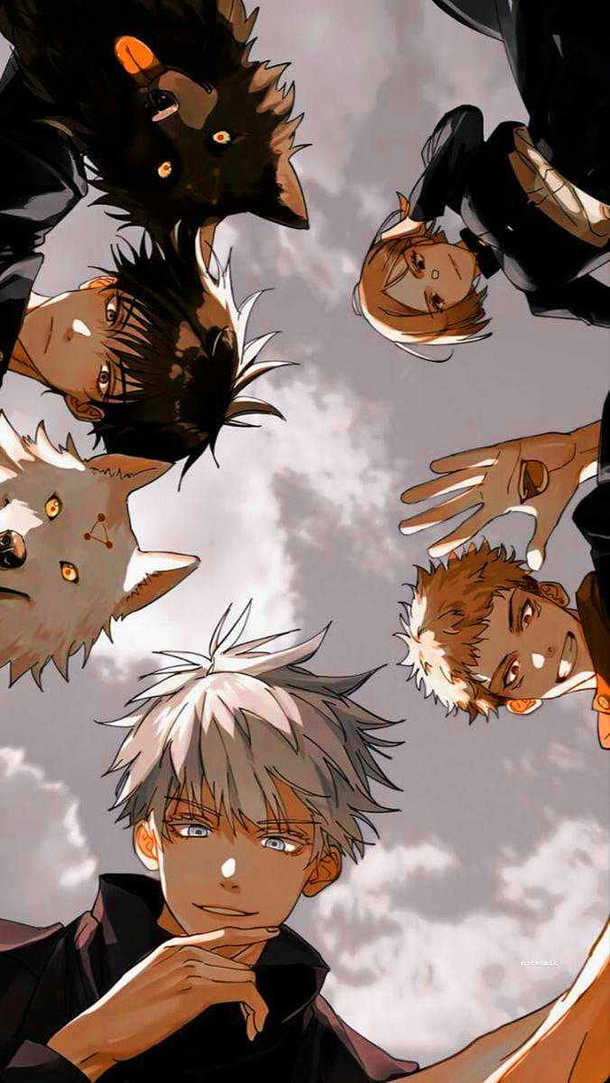 Jujutsu Kaisen Characters and Cursed Spirits Arranged in a Circle Against a Cloudy Sky HD phone wallpaper