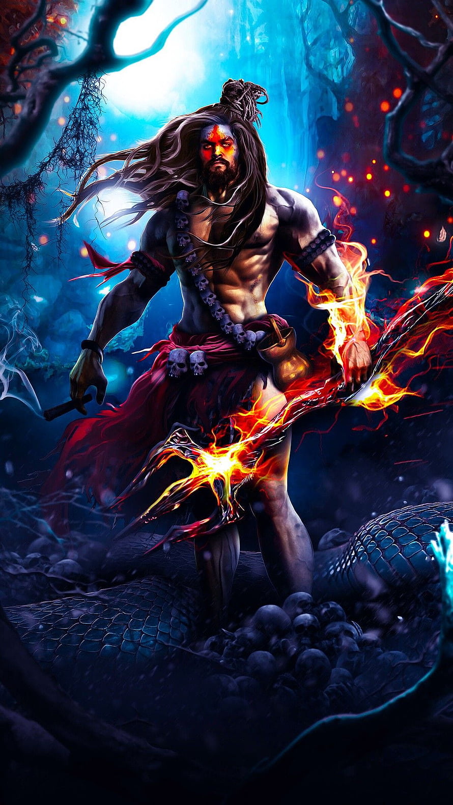 Lord Shiva wielding a flaming trident in a mystical dark forest with skulls and cosmic energy HD phone wallpaper