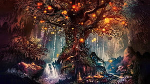 Glowing Ancient Tree in Mystical Fantasy Forest with Waterfalls and Bioluminescent Flowers HD wallpaper