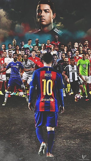 Lionel Messi and Cristiano Ronaldo Football Rivalry Collage with Top Global Soccer Stars HD phone wallpaper